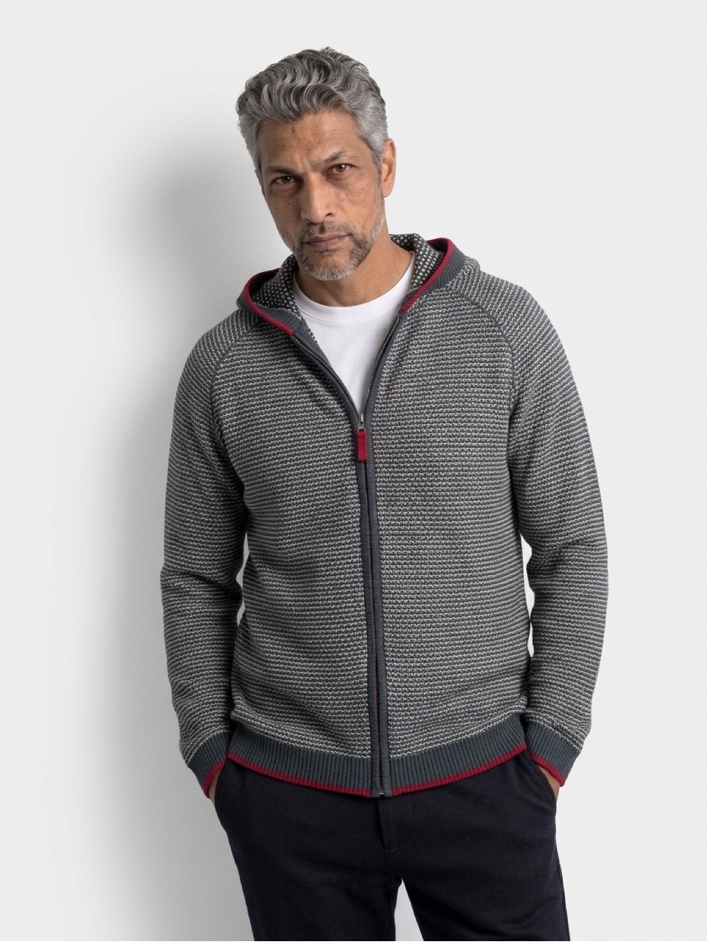Men's Gray Full‑Zip Hooded Sweater with Red Trim